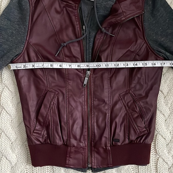 Dravus Faux Leather Vest + Hoodie Layered Jacket - Burgundy & Dark Grey - Picture 9 of 9